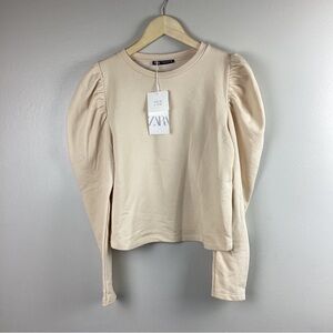 Zara Women’s Puff Sleeve Beige Cropped Crew Neck Pullover Sweatshirt Top S - NWT